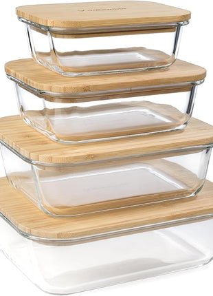 Natural Acacia Lids Set for Food Storage Glass Containers (4pcs) - Lids are compatible with all Glass Food Storage Containers Sets