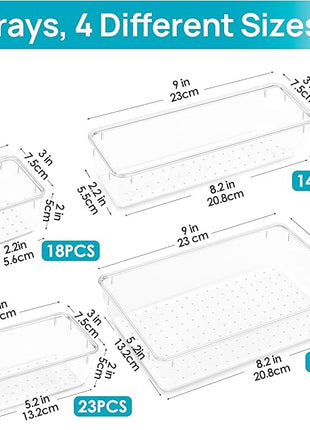 Vtopmart 66 PCS Clear Plastic Drawer Organizer Bins, 4-Size Versatile Bathroom and Vanity Organizer Trays, Acrylic Storage Containers for Makeup, Jewelry, Toiletry, Kitchen Utensils and Office Supply