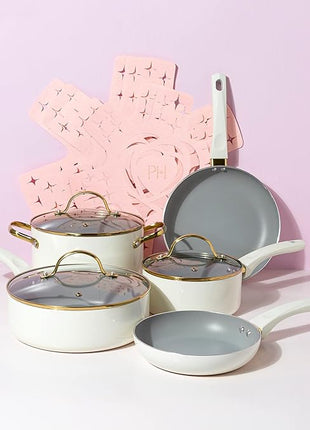 Paris Hilton Epic Nonstick Pots and Pans Set, Multi-layer Nonstick Coating, Tempered Glass Lids, Soft Touch, Stay Cool Handles, Made without PFOA, Dishwasher Safe Cookware Set, 12-Piece, Cream