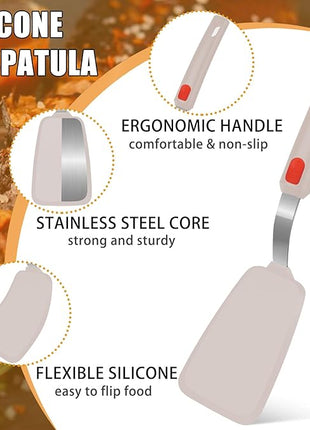 Beijiyi Silicone Spatula Turner Set of 3, 600°F Heat Resistant Nonstick Turner Spatulas for Kitchen Use, Large Flexible Silicone Cooking Utensils Rubber Spatula Set for Egg, Pancake, Fish (Khaki)