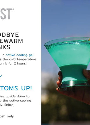 Host Freeze Insulated Martini Cooling Cups, Plastic Freezer Gel Chiller Double Wall Stemless Cocktail Glass Set of 2 9oz, Tinted Aqua Blue, Green