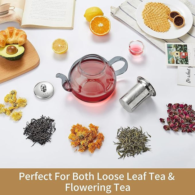 40OZ (1200ML) Glass Teapot with Infuser Stovetop Safe, Clear Glass Tea Pot Kettle, Borosilicate Tea Pot with Infusers Filter for Loose Tea, Tea Kettle Dishwasher Safe (Black)