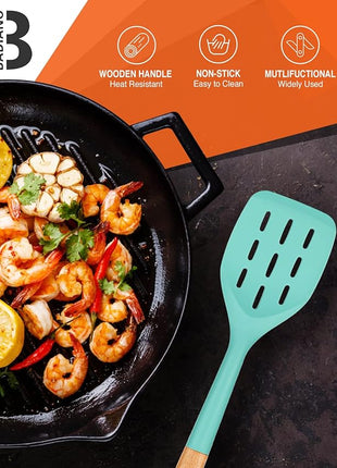 Pack of 2 Silicone Spatula, Non Stick Cooking Utensil Set Stainless Steel Handle Kitchen Turner for Baking Mixing Grilling Serving Food Heat Resistant Non Scratch Hooks Included (Green)