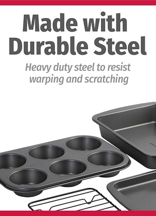 GoodCook 4-Piece Nonstick Steel Toaster Oven Set with Sheet Pan, Rack, Cake Pan, and Muffin Pan, Gray, 4-Piece Set Distributes Heat Evenly, Nonstick Coating, Dishwasher-Safe