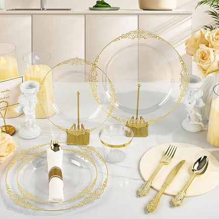 350PCS Clear Plastic Plates for 50 Guests, Disposable Dinnerware Sets Include 50 Gold Rim Plastic Plates, 25 Silverwares, 25 Cups, and 25 Pre Rolled Napkins for Party, Wedding and Graduation