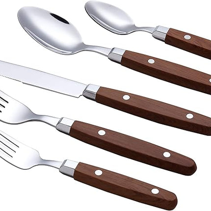 ANNOVA Silverware Set, Retro/Rivet Colorful Stainless Steel Tableware Kitchen Flatware Set Utensils, Includes Dinner Knives, Forks, Spoons, Salad Forks & Dessert Spoons (Wood, 20 Pieces)