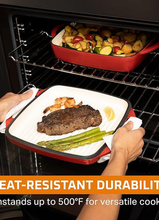 Bruntmor 2-in-1 Square Enameled Cast Iron Dutch Oven Baking Pan and Gridle Lid with Dual Handles, Cast Iron Skillet lid, Coating Gridle for Baking, Bacon,Steaks - Red