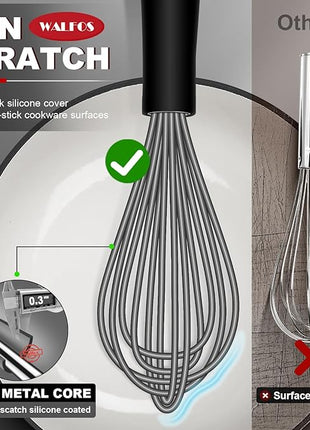 Walfos Whisk, Silicone Whisks Set of 5, Mini Stainless Steel Whisk 7in+5in and Non Scratch Coated 7+9+11in Whisks, Suitable for Blending, Whisking, Beating, Frothing & Stirring. (Grey)