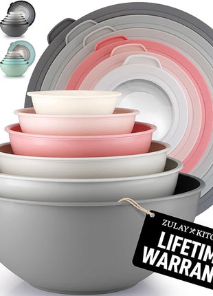 Zulay Kitchen 12 Piece Plastic Mixing Bowls with Lids Set - Colorful Mixing Bowl Set for Kitchen - Nesting Bowls with Lids Set - Microwave and Freezer Safe (Pink Ombre)