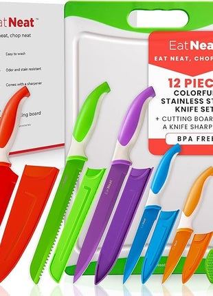 EatNeat 12-Piece Knife Set – Chef, Bread, Carving, Utility & Paring Knives with Sheaths, Sharpener & Cutting Board – Non-Stick Stainless Steel, Ergonomic, Dishwasher Safe – Ideal for Home, RV & Gift