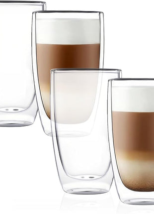 CNGLASS Double Wall Thermo Glass Coffee Cup 13.5 oz,Clear Insulated Glass Coffee Mug for Latte Cappuccino Tea Milk,Set of 4
