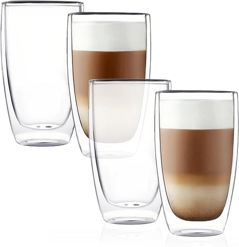 CNGLASS Double Wall Thermo Glass Coffee Cup 13.5 oz,Clear Insulated Glass Coffee Mug for Latte Cappuccino Tea Milk,Set of 4