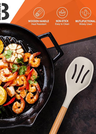 Large Silicone Cooking Spoons, 2 Pack Nonstick Solid and Slotted Wooden handle Spoon Set, Heat Resistan Silicone Kitchen Spoons for Cooking, Serving, Basting, Mixing (Khaki)