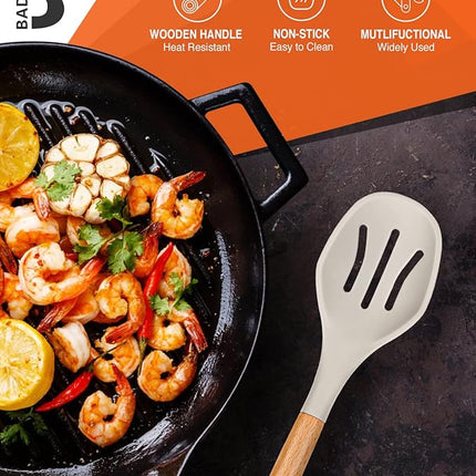 Large Silicone Cooking Spoons, 2 Pack Nonstick Solid and Slotted Wooden handle Spoon Set, Heat Resistan Silicone Kitchen Spoons for Cooking, Serving, Basting, Mixing (Khaki)