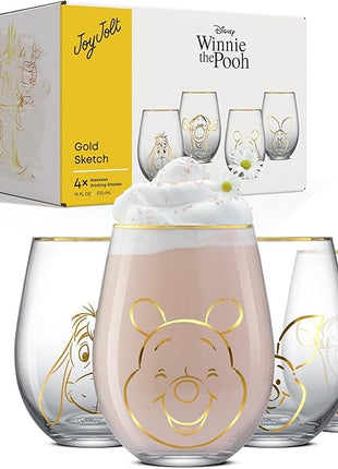 JoyJolt Disney Winnie the Pooh Gold Sketch Stemless Drinking Glasses Set of 4, 19oz Glass Cups ft Pooh Bear Tigger Piglet Eeyore, Disney Kitchen Glassware Set, Winnie the Pooh Adult Gifts