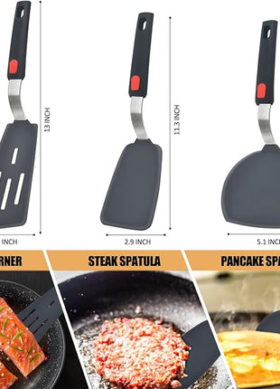 Silicone Spatula Turner Set of 3, Beijiyi 600°F Heat Resistant Cooking Spatulas for Nonstick Cookware, Large Flexible Kitchen Utensils BPA Free Rubber Spatula Set for Egg, Pancake, Fish, Burger