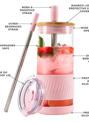 Pandaloo® Glass Cups With Lids and Straws -20 Fl Oz- Perfect Size Iced Coffee Cup - Smoothie Cup With Bamboo Lid and On the go Lid - Glass Tumbler (2 Count (Pack of 1), Lilac-Pink)