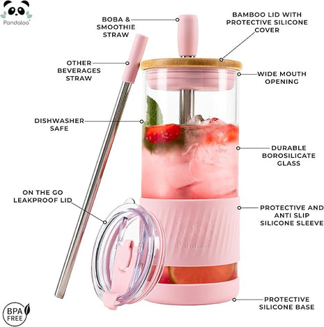 Pandaloo® Glass Cups With Lids and Straws -20 Fl Oz- Perfect Size Iced Coffee Cup - Smoothie Cup With Bamboo Lid and On the go Lid - Glass Tumbler (2 Count (Pack of 1), Lilac-Pink)