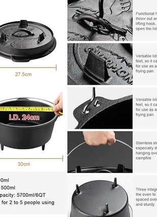 Overmont Camp Dutch Oven Pre Seasoned Cast Iron Lid Also a Skillet Casserole Pot with Lid Lifter for Camping Cooking BBQ Baking 6QT(Pot+Lid)