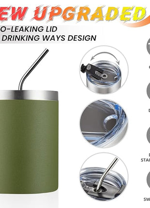 MEWAY 12 oz Lowball, Tumbler Stainless Steel Double Wall Vacuum Insulated Mug with Straw and Lid, Cleaning Brush ，Durable Powder Coated Insulated Coffee Cup for Cold & Hot Drinks (Army Green,12)