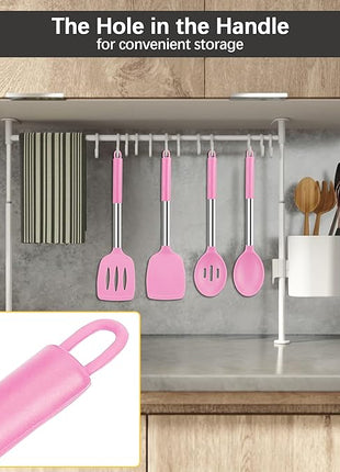 Silicone Spatula Spoon Set, 4 PCS Silicone Cooking Utensils Spatula Spoon Set with Stainless Steel Handle, BPA Free Kitchen Turners for Frying, Mixing, Serving, Draining, Turning, Stirring, Pink