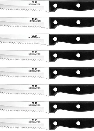 G.a HOMEFAVOR Steak Knife Set Stainless Steel, 8 Pieces Full Tang Sharp Serrated Knives Cutlery Set, Black