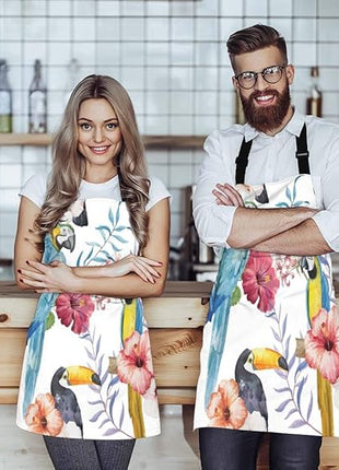 EKOBLA Bird Aprons Watercolor Flower Print Animal Parrot Branches Beautiful Summer Plant Waterproof Resistant Chef Cooking Kitchen BBQ Adjustable Aprons for Women Men 27x31 Inch