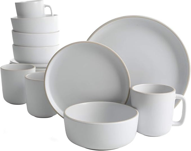 Gibson Home Zuma 16 Piece Round Kitchen Dinnerware Set, Dishes, Plates, Bowls, Mugs, Service for 4, Matte Stoneware, White