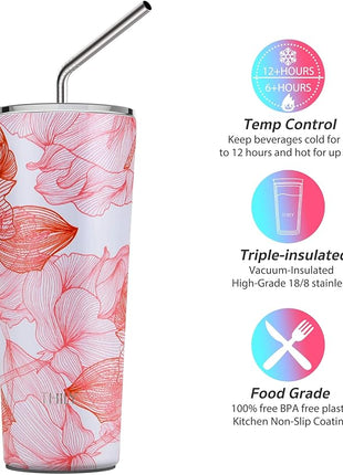 THILY Tumbler Stainless Steel Coffee Cup 26 oz Triple-Insulated Travel Mug with Splash-Proof Lid, Reusable, BPA Free, for Iced Water and Hot Beverage Smoothies Cup, Red Lotus