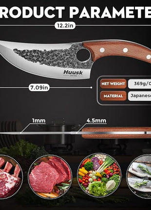 Huusk Chef Knives, Upgraded Viking Knife with Sheath Hand Forged Butcher Knife for Meat Cutting, Sharp Meat Cleaver for Kitchen and Outdoor, Thanksgiving Christmas Gifts