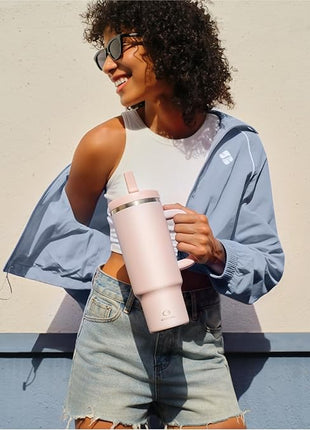 32 oz Tumbler with Handle and Straw: Stainless Steel Insulated Tumbler Keeps Cold for 24 Hours, Leakproof Travel Cup Fits in Cup Holder and BPA-Free, Cotton Candy