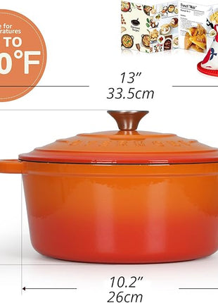 Overmont Enameled Cast Iron Dutch Oven - 5.5QT Pot with Lid Cookbook & Cotton Potholders - Heavy-Duty Cookware for Braising, Stews, Roasting, Bread Baking orange