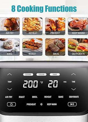 Air Fryer 6.2 QT Large Capacity Oilless Hot Air Fryers Oven 1500W Healthy Cooker with 10 Presets, Digital LCD Touch Screen, Visual Cooking Window, Non-Stick Basket, Included Recipe (Silver-L)