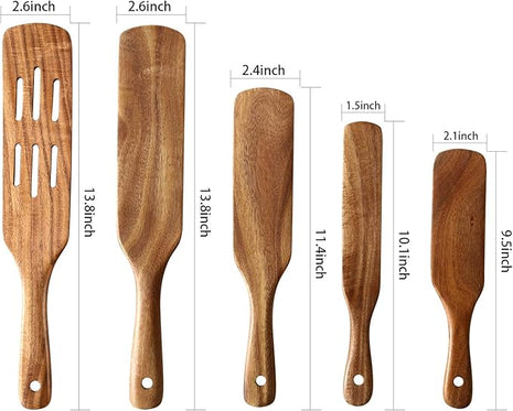 Wooden Spurtles Set for Cooking, 5 Pcs Natural Teak Wood Slotted Spurtles for Stirring, Mixing, Serving, Non-Stick Heat-Resistant Kitchen Utensils Tools