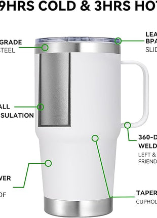 20 oz Stainless Steel Tumbler with Handle Bulk Metal Insulated Tumblers Travel Coffee Mug with Handle Double Wall Tumbler Cup with Lid and Straw, White 12 Pack