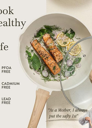 CAROTE 12Inch Nonstick Deep Frying Pan with Lid, 5.5 Qt Jumbo Cooker Saute Pan with Pour Spout, Skillet Induction Cookware, Non Stick Cooking Pan Kitchen Pan PFOA Free, White Granite