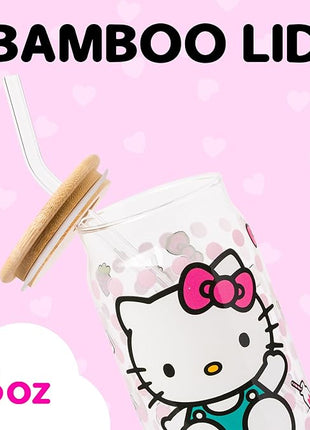 Silver Buffalo Sanrio Hello Kitty Strawberry Milk Bow Pink Polka Dot Glass Jar Tumbler with Bamboo Lid and Glass Straw, 16 Ounces