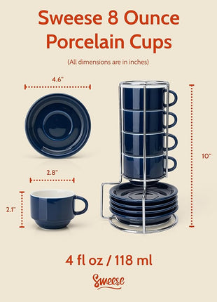 Sweese 8 Ounce Porcelain Stackable Cappuccino Cups with Saucers and Metal Stand - for Specialty Coffee Drinks, Cappuccino, Latte, Americano and Tea - Set of 4, Navy