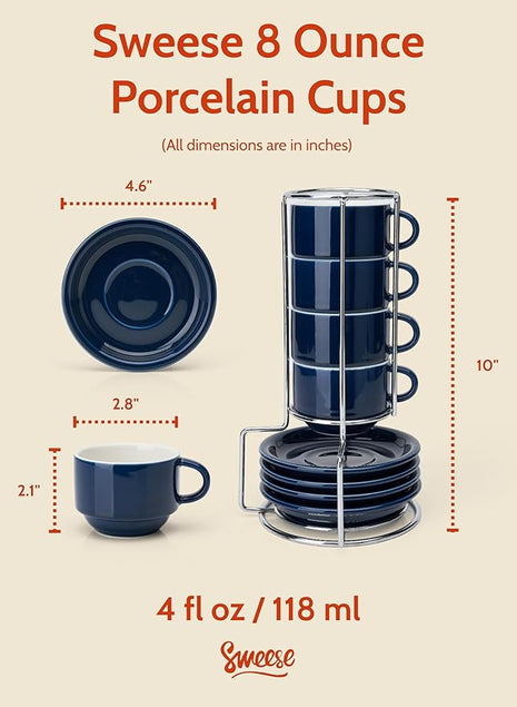 Sweese 8 Ounce Porcelain Stackable Cappuccino Cups with Saucers and Metal Stand - for Specialty Coffee Drinks, Cappuccino, Latte, Americano and Tea - Set of 4, Navy