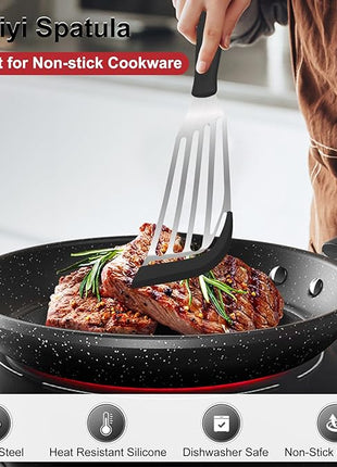 Beijiyi 2-Piece Fish Spatulas Silicone Heat Resistant, Kitchen Spatula Set for Non Stick Frying Pan, Slotted Flexible Fish Turner Cooking Utensils, Large 12.3 In, Small 10.6 In, Black Silicone Edge