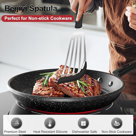 Beijiyi 2-Piece Fish Spatulas Silicone Heat Resistant, Kitchen Spatula Set for Non Stick Frying Pan, Slotted Flexible Fish Turner Cooking Utensils, Large 12.3 In, Small 10.6 In, Black Silicone Edge