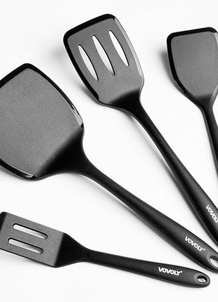 Silicone Spatula Set, 600°F Heat Resistant Silicone Spatula Turner Flipper for Cooking, Non Stick and Non Scratch Kitchen Utensils for Eggs & Pancakes, 4 Pack, Black