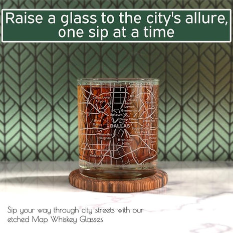 Greenline Goods Whiskey Glasses - 10 Oz Tumbler Set for Dallas lovers, Etched with Dallas Map Old Fashioned Rocks Glass - Set of 2