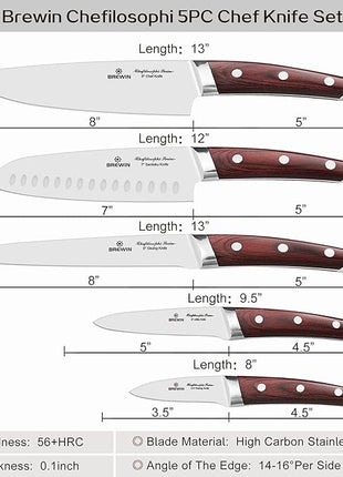 Brewin CHEFILOSOPHI Japanese Chef Knife Set 5 PCS with Elegant Red Pakkawood Handle Ergonomic Design,Professional Ultra Sharp Kitchen Knives for Cooking High Carbon Stainless Steel