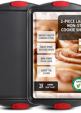 Baking Sheet Set, 2-Piece Large Cookie Sheet Set with Silicone Handles, Steel Baking Pan, Baking Sheets for Oven, BPA Free Cookie Sheets for Baking Nonstick Set, Premium Sheet Pan, Black Baking Tray