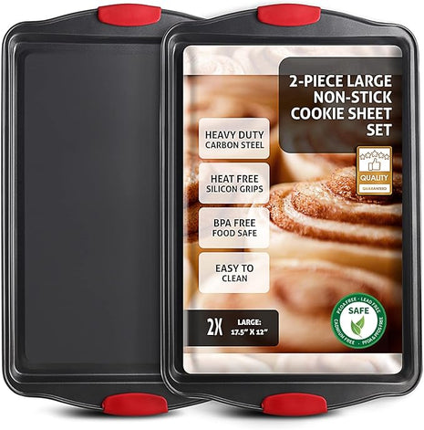 Baking Sheet Set, 2-Piece Large Cookie Sheet Set with Silicone Handles, Steel Baking Pan, Baking Sheets for Oven, BPA Free Cookie Sheets for Baking Nonstick Set, Premium Sheet Pan, Black Baking Tray