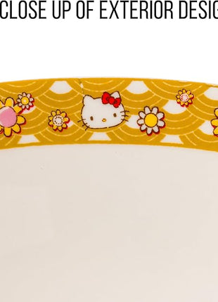 Silver Buffalo Sanrio Hello Kitty Pink and Gold Japanese Pattern with Flowers Ceramic Ramen Noodle Rice Bowl with Chopsticks, Microwave Safe, 30 Ounces