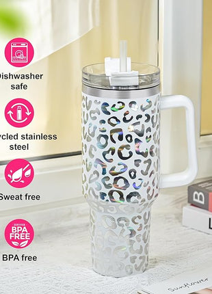 40 oz Tumbler with Handle and Straw, 100% Leak-Proof Travel Mug, Stainless Steel Double Wall Vacuum Insulated Coffee Cup Keeps Cold For 34 Hours, Dishwasher Safe, Hot Pink Leopard