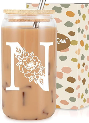Coolife Initial Glass Cup, Monogrammed Gifts for Women, 16 oz Glass Cups w/Lids Straws, Iced Coffee Smoothie Beer Tumbler w/Straw Lid - Personalized Christmas, Birthday Gifts for Her Mom Friend Woman