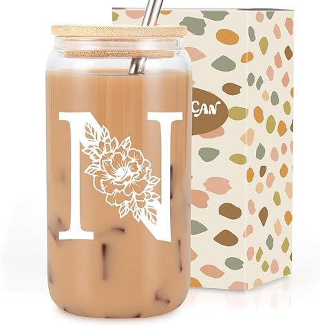 Coolife Initial Glass Cup, Monogrammed Gifts for Women, 16 oz Glass Cups w/Lids Straws, Iced Coffee Smoothie Beer Tumbler w/Straw Lid - Personalized Christmas, Birthday Gifts for Her Mom Friend Woman